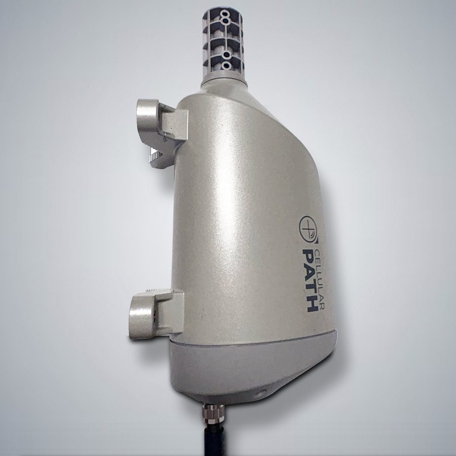 Side view of a SOCA rotator showing the two mast clamps and the cable gland at its base.